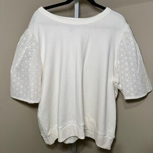 GAP Womens White Short Sleeve Sweatshirt Eyelet Lace Puff Sleeve Crew Neck
